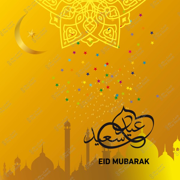 Eid al-Fitr greeting design with the text "Eid Mubarak" in Arabic and English, featuring a crescent moon, mosque silhouette, and Islamic patterns on a golden background with colorful stars.