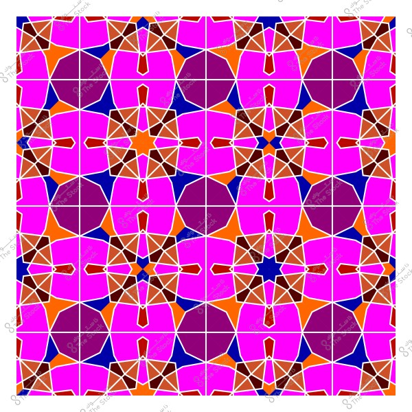 تصميم هندسي متماثل بألوان زاهية تشمل الوردي والأرجواني والبرتقالي, يشبه نمط الأرابيسك الإسلامي.