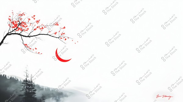An artistic illustration shows a tree branch extending horizontally from left to right. The branch is adorned with small red leaves, consistently spread. In the background, there is a red crescent moon. At the bottom of the image, hills shrouded in mist and black trees are visible. The design is simple and reflects a balance between natural elements.