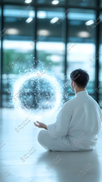 A person sitting meditatively on the floor wearing a white karate uniform, with a background consisting of glass and large windows. In front of the person is a glowing halo of blue light with a digital design. The ambiance is peaceful, suggesting technology and tranquility.