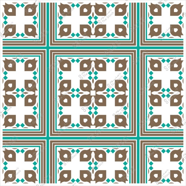 Traditional geometric pattern with brown and blue shapes on a white background.