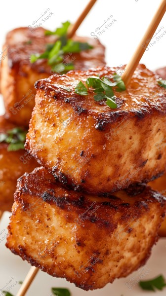 A close-up image of large grilled chicken pieces on skewers. The pieces look delicious with a glossy golden-brown color and are garnished with fresh parsley leaves. The background is blurred, highlighting the chicken details.