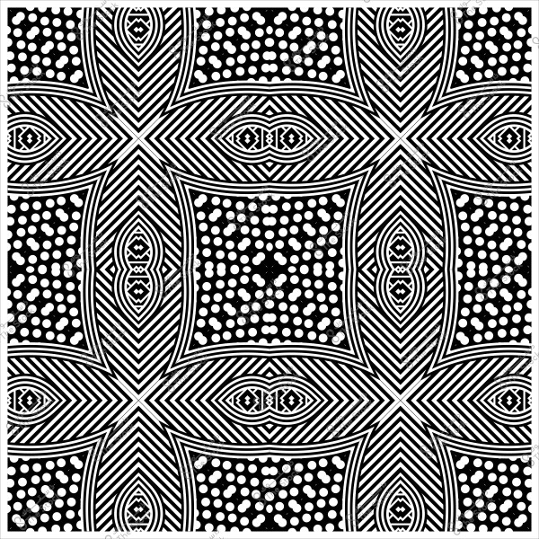 نقش أبيض وأسود يتكون من خطوط متشابكة ونقط منظمة في نمط متكرر.