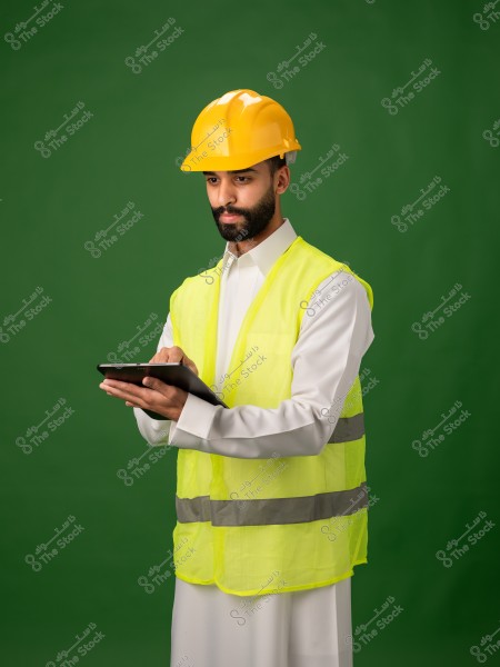 رجل يرتدي قبعة أمان صفراء وسترة عاكسة, يستخدم جهاز كمبيوتر لوحي, يقف أمام خلفية خضراء.