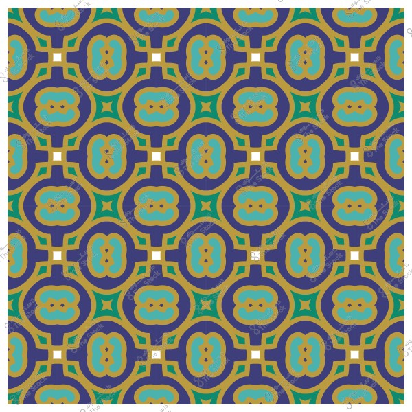 تصميم زخرفي عربي يشمل أشكالًا هندسية متداخلة بألوان زرقاء وزيتونية وخضراء.