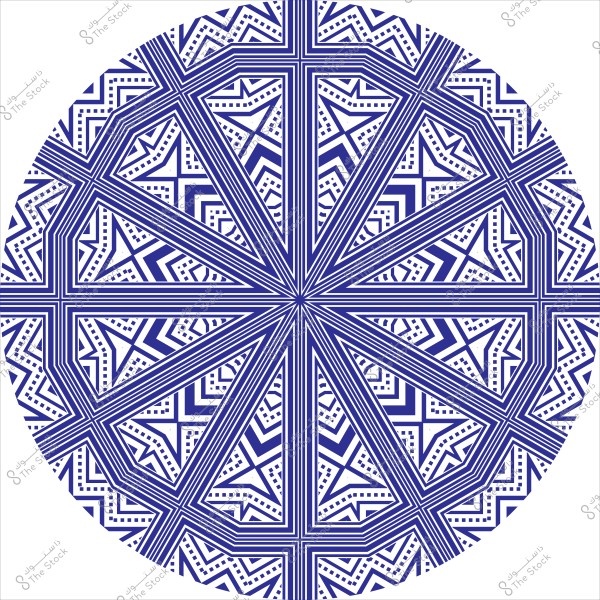 صورة لدائرة تحتوي على نمط هندسي دقيق ومعقد يتميز بألوان الأزرق والأبيض. يتألف التصميم من خطوط متوازية وأشكال مثلثة ومتعرجة تتكرر بشكل متناظر حول مركز الدائرة. تعكس الأنماط الهندسية نمطًا زخرفيًا قد يكون مرتبطًا بالفن الإسلامي أو الفنية التقليدية.