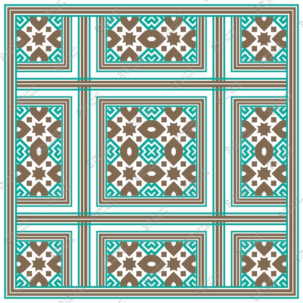 تصميم نمط هندسي مكرر بأشكال بنية وزرقاء على خلفية بيضاء.