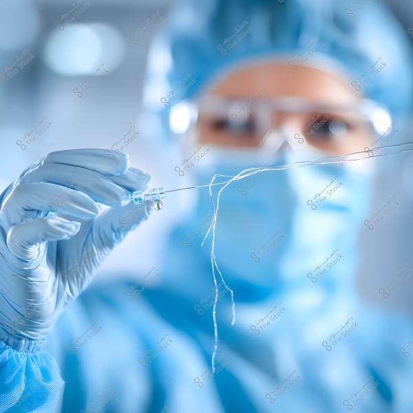 The image shows a person wearing blue medical attire, including gloves, a mask, a surgical cap, and protective goggles. The person is focused on holding a surgical needle with white threads in their hand. The background is blurred, highlighting the details of the needle and thread.
