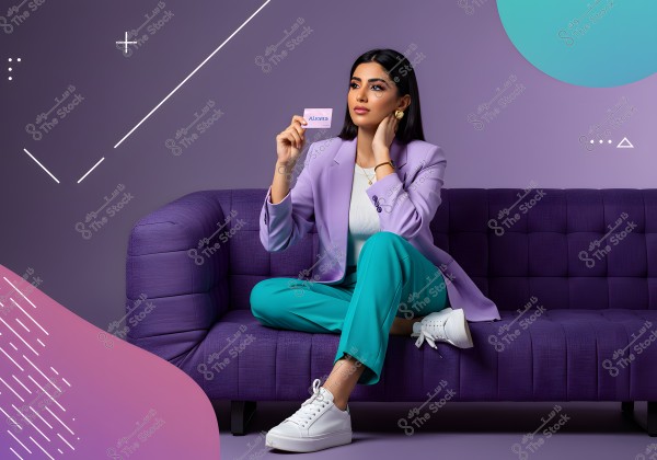 Image of a person sitting on a purple couch against a violet geometric background. The person is wearing a purple blazer, green pants, a white shirt, and white sneakers. They are holding a card and looking thoughtfully forward, accessorizing with simple jewelry.