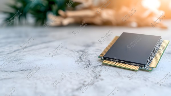 An image showing a microprocessor with gold pins placed on a gray marble surface. The processor has a black rectangular casing with small gold pins on the underside. The background is blurred, featuring parts of a table and some greenery.