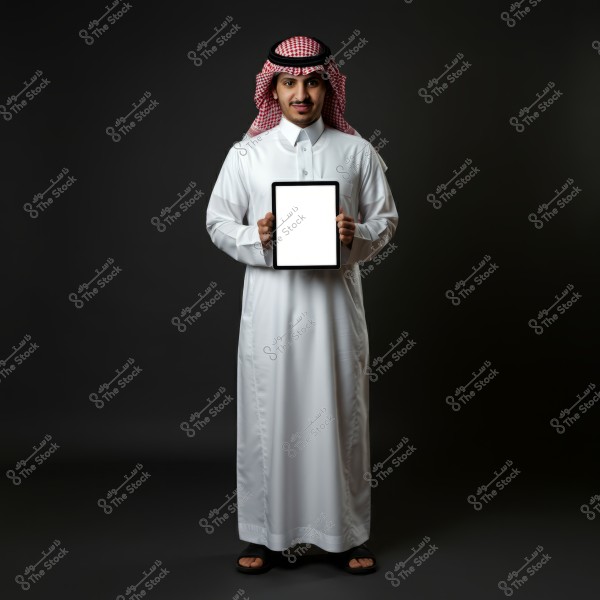 An image of a man standing against a dark background, holding a tablet with a blank white screen. The man is wearing a traditional white thobe and a red and white checkered headscarf with an agal, suggesting he is from the Arabian Peninsula.