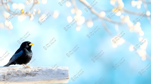 A small black bird is perched on a white branch against a soft blue background. The upper part of the bird\'s body is visible with a yellow beak, and the details on the black feathers are clear. Blurred branches with white blossoms are seen in the background.