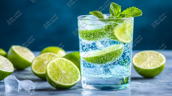 A glass cup containing sparkling water with slices of lime and fresh mint floating inside. In the background, several half-cut limes are scattered on a blue surface along with small ice cubes.