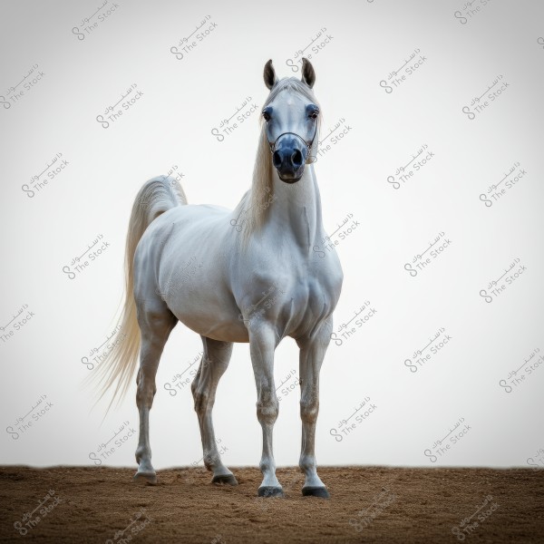 Image of a purebred Arabian horse with a white coat, standing confidently on a sandy surface. The horse has sleek hair and a long neck, with a simple white background highlighting its elegance.