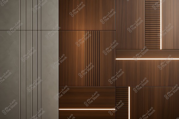 A modern interior design featuring a wall with dark wood and concrete panels. The wall consists of rectangular sections with horizontal and vertical lines illuminated by thin light strips embedded in the wood, giving the wall a sleek and sophisticated appearance.