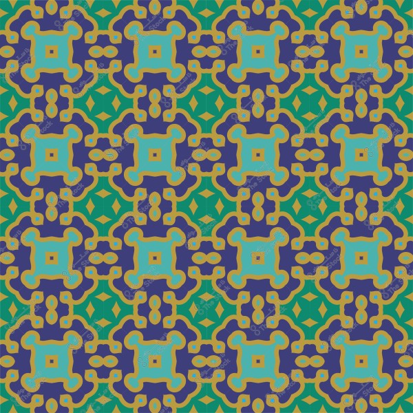 نمط هندسي متكرر بالألوان الأزرق والأخضر والأصفر مع عناصر متداخلة بأشكال مربعة ومستديرة.