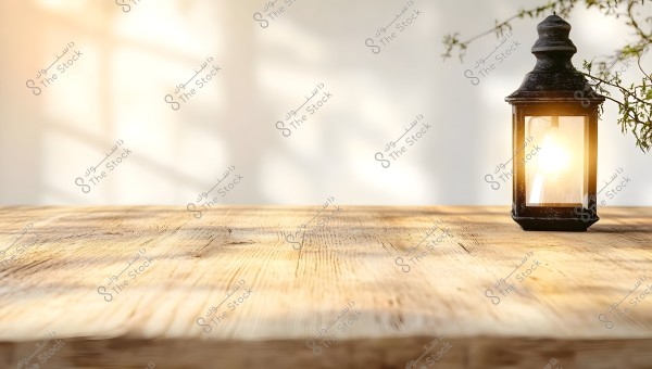 An image of an old black lantern placed on a wooden surface lit by sunlight. The lantern is lit from within, casting light on the wooden surface. There are soft shadows on the wall in the background, with some branches extending from the right side.