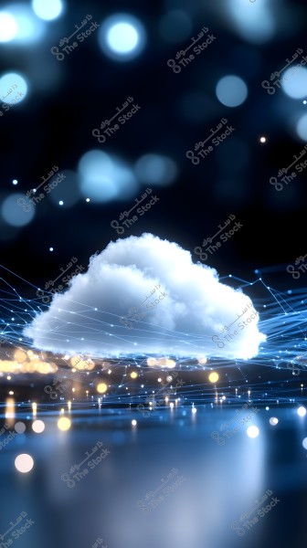 An abstract image depicting a small white cloud surrounded by interconnected lines and lights on a dark background, symbolizing technology or cloud computing.