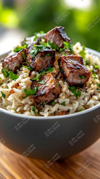 Image of a dish featuring grilled beef pieces and white rice, artfully arranged in a gray bowl placed on a wooden surface. The dish is garnished with fresh cilantro leaves, adding a nice contrast to the food\'s colors. The background is blurred with a gradient of green, highlighting the dish beautifully.