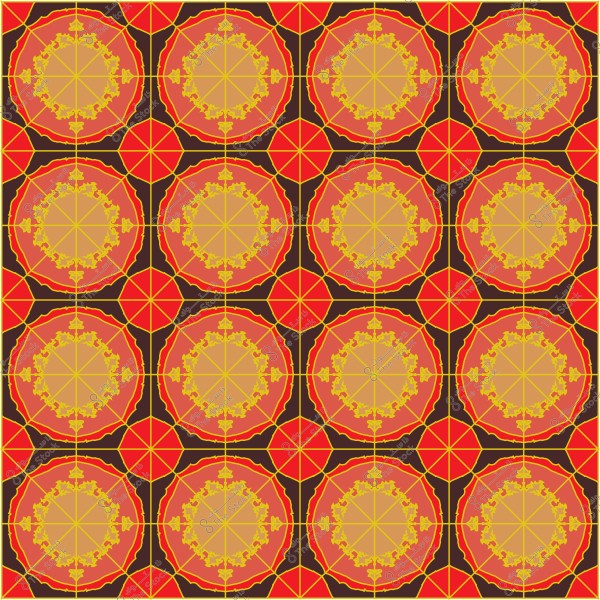 نمط مزخرف مكون من دوائر متكررة باللونين الأحمر والذهبي مع تفاصيل هندسية معقدة.