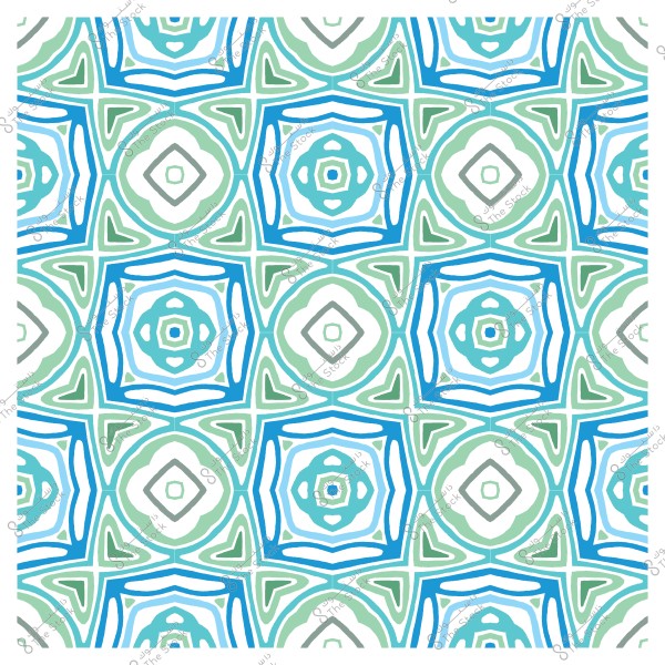 Geometric pattern in blue, green, and white, resembling a mosaic with symmetrical and repetitive shapes.