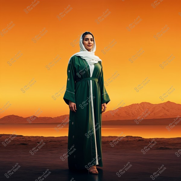 An image of a woman standing in front of a natural landscape featuring mountains and a lake at sunset. The woman is wearing a long green abaya with embroidery, and a white hijab covering her head. The sky is orange, adding a serene atmosphere to the scene.