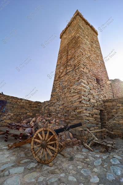 A tall stone tower with traditional design, at its base stands an old wooden cannon mounted on wooden wheels. The tower is part of an archaeological site on a stone-paved ground with a clear blue sky in the background.