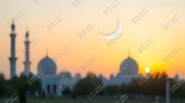An image showing a scene of a mosque with Islamic architecture featuring minarets and a dome in the background during sunset, with a crescent moon prominently visible in the sky. The warm colors of the sunset blend with the details of the Islamic architecture.