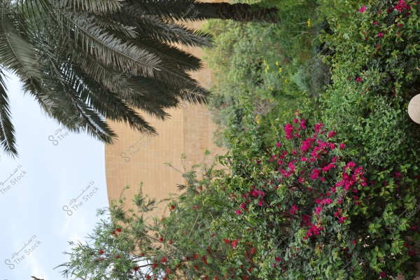 An image of a garden abundant with green plants and flowers, featuring a large palm tree in the upper left corner and pink flowers below. In the background, part of a beige-colored building is visible.