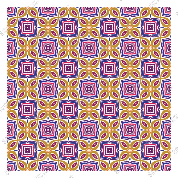 نمط هندسي ملون يتكون من أشكال مربعة ودائرية متداخلة بألوان الأصفر, الأرجواني, والأزرق على أرضية بيضاء.