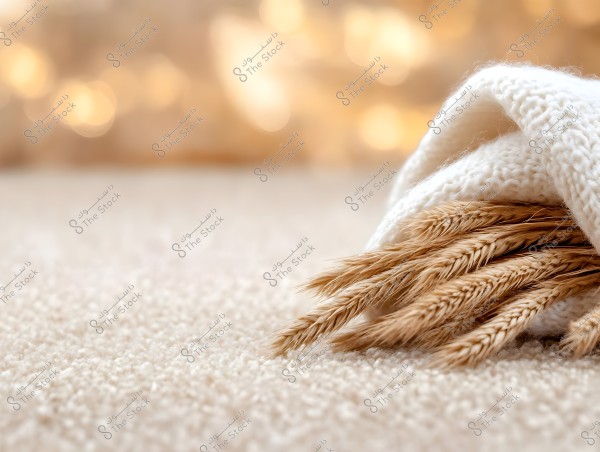 A bundle of wheat stalks placed on a beige carpet surface with a blurred background in golden and white tones. The stalks are partially covered with a soft white knitted fabric.