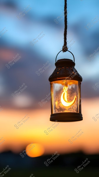 A hanging lantern with an illuminated crescent moon inside, set against a warm sunset background with shades of blue, yellow, and orange.