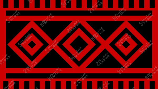 تصميم هندسي مختلف بألوان حمراء وسوداء. يحتوي النمط على ثلاثة أشكال ماسية متتالية في الوسط بخطوط حمراء وسوداء. يحتوي الجزء العلوي والسفلي من التصميم على خطوط عمودية متكررة, مما يضفي مظهرًا تقليديًا.