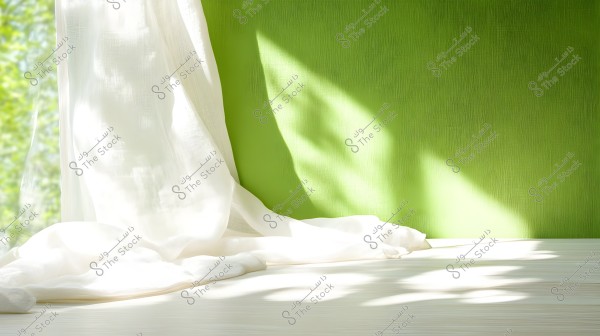 A sheer white curtain gently hanging on the left side of the image against a light green wall backdrop. Sunlight from an adjacent window casts shadows on the curtain and the floor, creating a sense of calmness and freshness in the room.