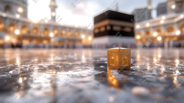 The image shows a small, ornate model of the Kaaba on a shiny wet surface, possibly after rain. In the background, the large Kaaba within the Masjid al-Haram in Mecca can be seen, with bright lights scattered around creating a blurred reflection effect.