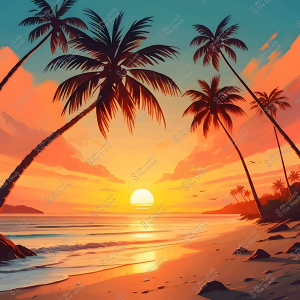 A scenic view of a beach at sunset. The sun is setting over the horizon, coloring the sky in shades of orange and golden. Palm trees sway along the beach as gentle sea waves touch the sand. A small island is visible in the distance, and birds are flying in the sky, enhancing the tranquil and natural beauty of the scene.