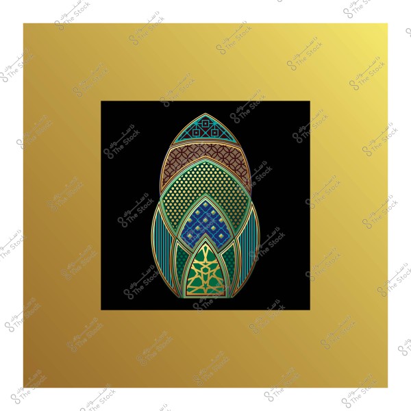 تصميم زخرفي ذو أنماط هندسية متنوعة بألوان ذهبية وزرقاء وخضراء, محاط بإطار ذهبي.