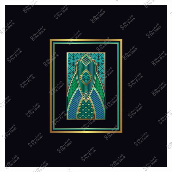 لوحة فنية بزخارف هندسية بالألوان الزرقاء والخضراء والذهبية على خلفية سوداء.