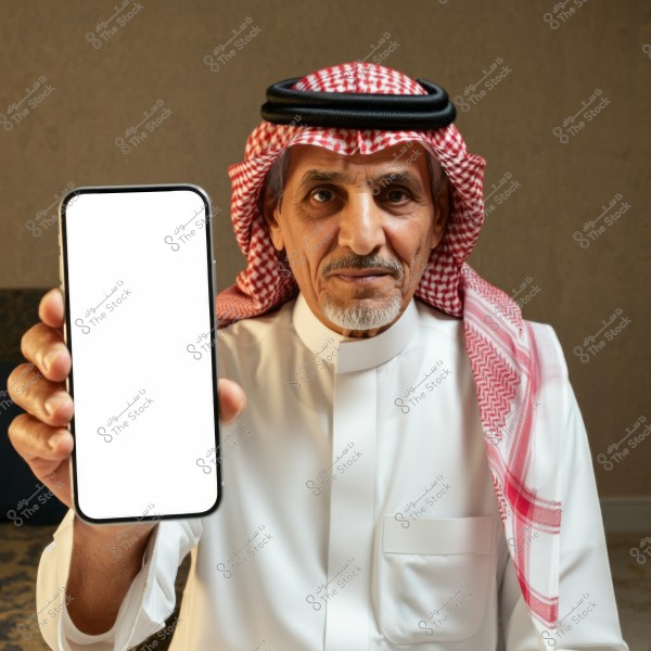 Image of a man wearing traditional Saudi attire, including a white thobe, red and white checkered headscarf, and a black agal. He is holding a smartphone with a blank white screen. The setting appears to be a room with light brown walls, focusing on displaying the phone.