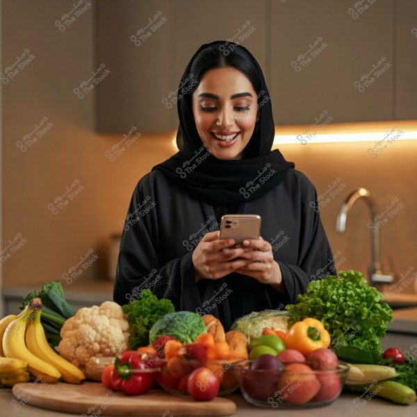 A woman wearing a black abaya and hijab stands in a modern kitchen using her mobile phone. In front of her is a table filled with fresh fruits and vegetables such as bananas, cauliflower, lettuce, peppers, and apples. The warm lighting suggests a cozy atmosphere.
