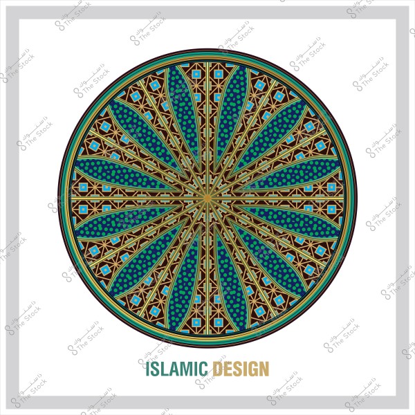 Circular Islamic geometric design decorated with blue and green colors and golden patterns.