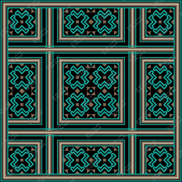 تصميم هندسي متماثل بألوان زرقاء وسوداء وبنية يحتوي على أنماط متكررة وزخرفات.