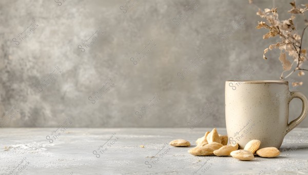 An image depicting a light beige ceramic mug on a gray surface. Next to the mug are scattered almonds. In the background, there are dried plant leaves and twigs, adding a natural and minimalistic atmosphere to the scene.
