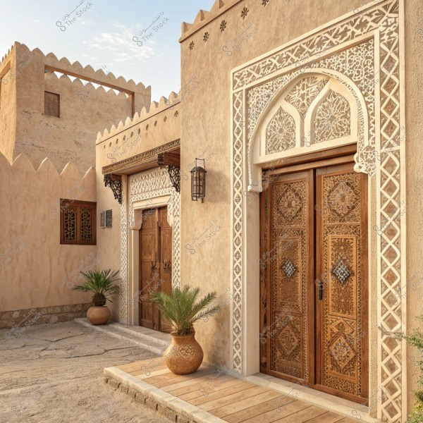 صورة لمبنى تقليدي بتصميم معماري عربي, تظهر فيه أبواب خشبية منقوشة بزخارف هندسية وفنية. الأبواب محاطة بإطارات بيضاء مزخرفة, ويتضمن التصميم نوافذ صغيرة ومصابيح جدارية. توجد أيضًا نباتات مزروعة في أوعية فخارية أمام المدخل. المبنى مصنوع من مواد طبيعية ويعكس العمارة التقليدية في شبه الجزيرة العربية.