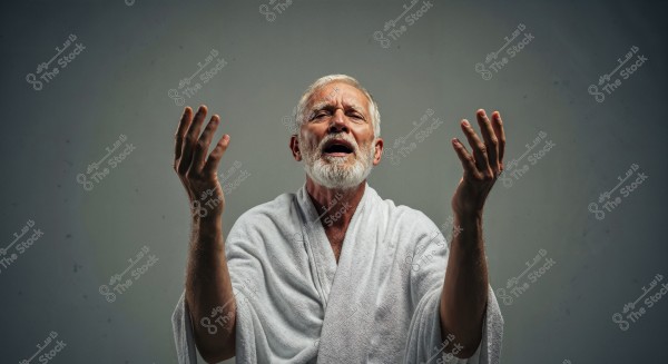 A portrait of an elderly man with a white beard, wearing a white bathrobe. His facial expression suggests singing or speaking passionately, with his hands raised upwards. The background is a simple grey.