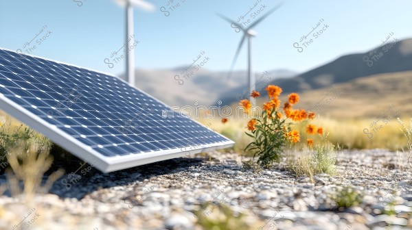 A solar panel tilted towards the ground is in the foreground, with orange flowers growing beside it. In the background, wind turbines and the natural landscape of mountains and hills under a clear sky are visible.
