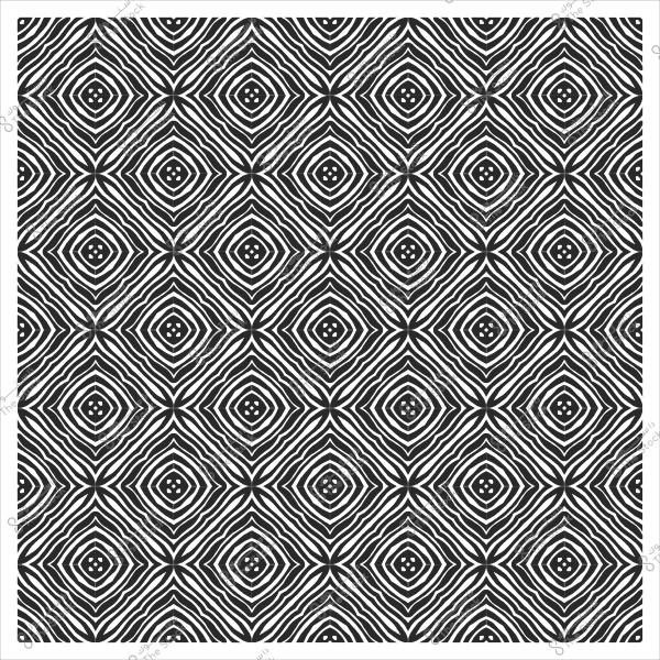 Black and white repeating pattern with intertwined geometric shapes resembling concentric squares.