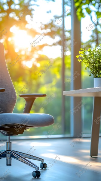 An image of an interior scene featuring a gray office chair with a curved backrest and armrests, positioned next to a wooden table with a small plant in a white pot. In the background, sunlight shimmers through a large window overlooking green trees, creating a sense of freshness and comfort.