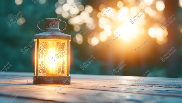 A lit wooden lantern placed on a wooden outdoor surface during sunset. Warm lights glow from the lantern, adding a magical ambiance with a blurred background of trees in the sunset scene.