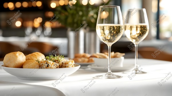 Image of a serving plate containing a selection of pastries and sesame-coated rolls with greenery garnish. Beside the plate, there are two glasses filled with a sparkling drink, placed on a white-clothed table. The background lighting is soft, creating a warm and cozy ambiance.